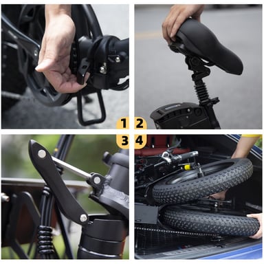 La bicicletta elettrica pieghevole KETELES KF9 è dotata di un motore da 1000 W, una batteria da 48 V 35 Ah, una velocità massima di 40 km/h, un'autonomia di 100 km, pneumatici da 20*4,0 pollici ed è disponibile in nero.