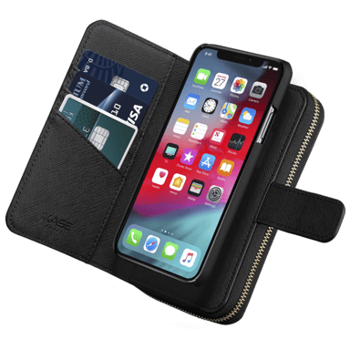 Custodia sottile a portafoglio staccabile 2 in 1 con motivo Saffiano per Apple iPhone X/XS, nero satinato