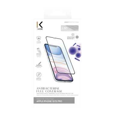 Protection d'écran antibactérienne en verre trempé ultra-résistant (100% de surface couverte) pour Apple iPhone 12/12 Pro, Noir