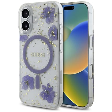 Étui Guess Resin Flowers Glitter MagSafe pour iPhone 16 violet