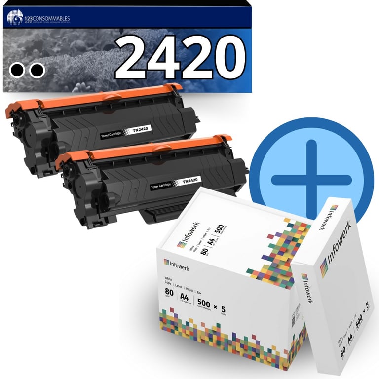 Pack 2 toners compatibles BROTHER TN 2420 + 5 ramettes de papier A4 Neuf