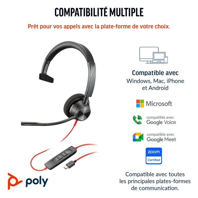 POLY Micro-casque Blackwire 3310 monaural USB-C certifié Microsoft Teams + adaptateur USB-C/A - Neuf