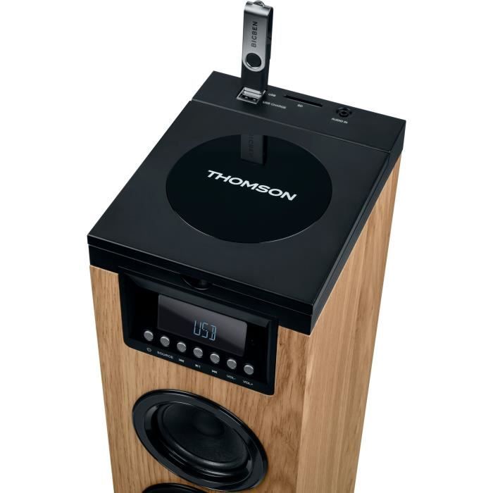 Tour haut-parleur - THOMSON - Noir/Bois - Bluetooth/CD/USB/SD, 60W, Radio FM, Télécommande, Alim. 230V - Neuf
