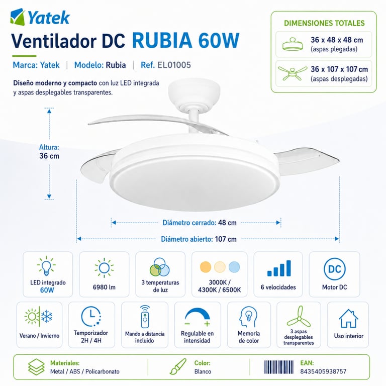 Ventilateur de Plafond Yatek Rubia avec Pales Rétractables LED 6980 lm Moteur DC Silencieux 6 Vitesses Télécommande Minuterie 107 cm Neuf - vue 3