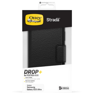 OtterBox Strada Coque pour Galaxy S23 Ultra, Antichoc, anti-chute, cuir de qualité, 2 porte-cartes, supporte 3 x plus de chutes que la norme militaire, Noir