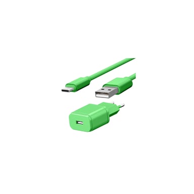 Pack Chargeur Secteur 1 USB 1A + Câble USB vers Type-C - 1,7 mètres - Collection POP - Vert