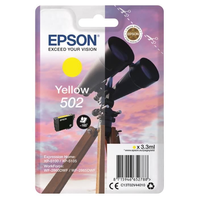 Epson 502 3.3ml 165pages Jaune cartouche d'encre - Cartouches d'encre (Epson, Jaune, WorkForce WF-2860DWF, WF-2865DWF Expression Home XP-5100, XP-5105, Rendement standard, 3,3 ml, 165 pages) - Neuf