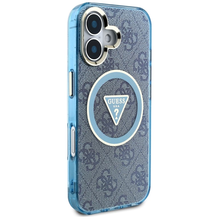 Étui Guess IML Metal Glitter 4G Circle Triangle MagSafe pour iPhone 16 bleu - Neuf