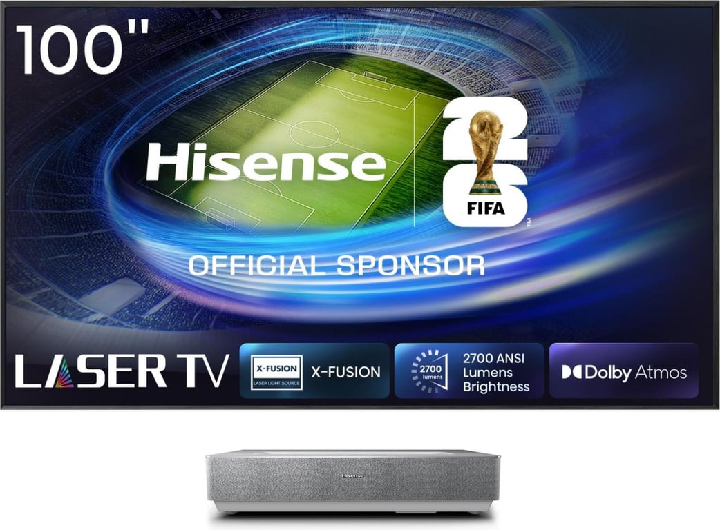 Hisense 100L5ND projecteur TV Projecteur à focale ultra courte 2700 ANSI lumens DLP UHD 4K (3840x2160) Noir, Argent Compatibilité 3D - Neuf