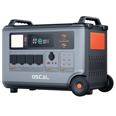 Oscal PowerMax6000 Estación de Energía Robusta 6000W, Batería LiFePO4 3600Wh a 57600Wh, 14 Salidas, Salida Doble Voltaje 120V/240V, Ciclo de Vida 3500+, Control por App Inteligente, 5 Modos de Luz LED, Señal Morse - Enchufe UE