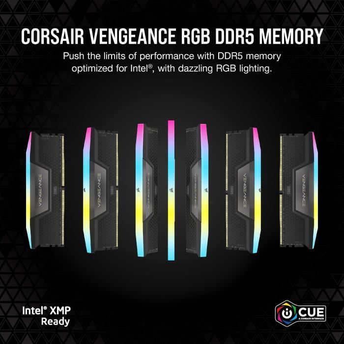 Corsair Vengeance RGB DDR5 - 32 Go (2 x 16 Go) - 5200 MT/s C40 - Intel XMP 3.0 - Noir - Neuf