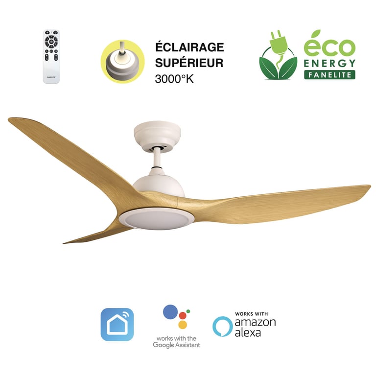 Fanelite Ventilateur de plafond 132 cm et ABS imitation bois LONGANA Moteur DC LED 3 couleurs + LED SUPERIEURE Neuf