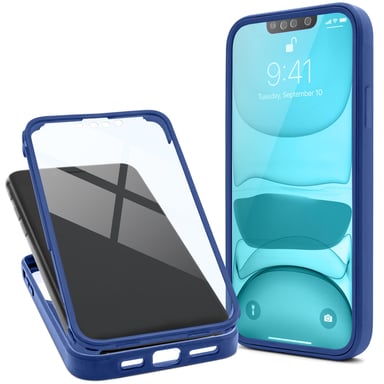 Moozy Coque 360 pour iPhone 14 Plus - Coque transparente à bord bleu, protection intégrale double face, coque avec protecteur d'écran intégré