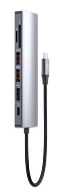 Manhattan Dock/hub USB-C con lector de tarjetas, puertos (5): Ethernet, HDMI, 2x USB-A y USB-C, con Power Delivery (PD) 100 W- requiere cargador USB-C externo (no incluido). Alimentado por USB (no requiere alimentación externa) cuando no se utiliza PD