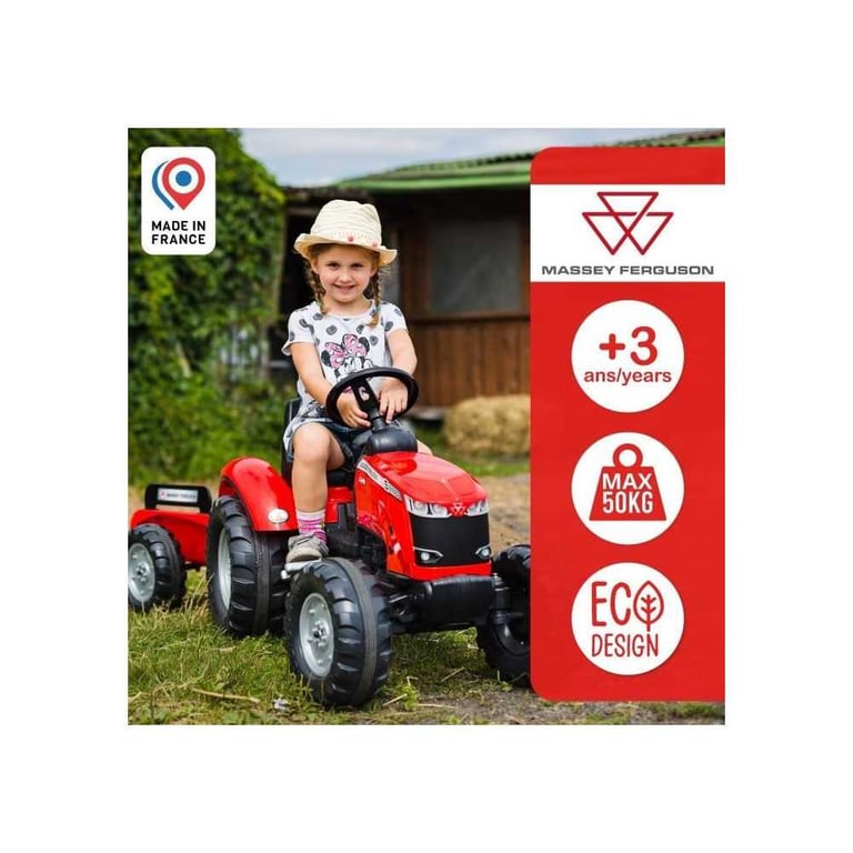 Tracteur à pédales Massey Ferguson FALK Volant directionnel Remorque Fabriqué en France 60% de plastique recyclé Dès - vue 4