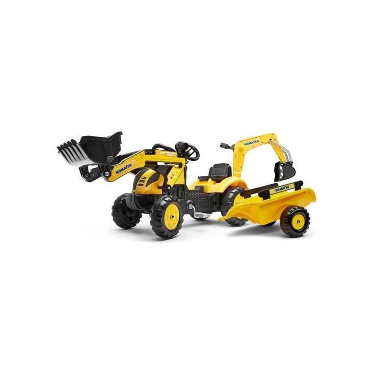 Tractopelle à pédales FALK Komatsu Pelle avant & excavatrice arrière avec remorque Jaune et Noir 100% Fabriqué en France - Neuf