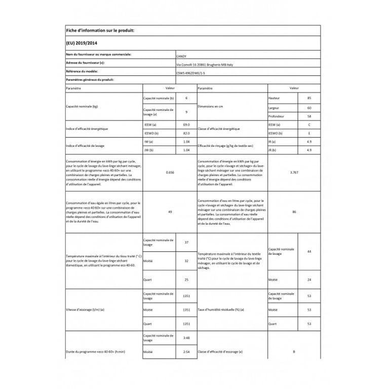 CANDY Lave linge séchant 60 cm 96 kg 1400 trmn CSWS4962DWE1 - vue 10