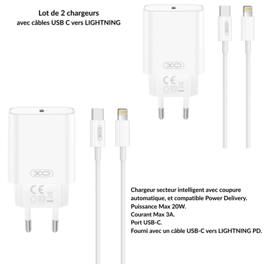 lot de 2 chargeurs iPhone, 2 Packs chargeur rapide de 20W USB-C Lightning cordon de charge compatible avec iPhone 14 13 12 11 Pro Max XS XR X,iPad