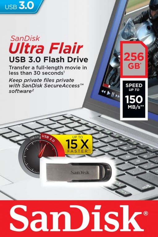 SanDisk Ultra Flair lecteur USB flash 256 Go USB Type-A 3.2 Gen 1 (3.1 Gen 1) Noir, Argent - Neuf