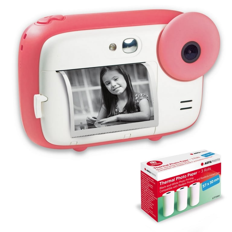 AGFA PHOTO Pack Realikids Instant Cam + 3 rouleaux Papier Thermique ATP3WH supplémentaires Appareil Photo Instantané Enfant Ecran LCD 2 4' Batterie Lithium Miroir Selfie et filtre photo Neuf