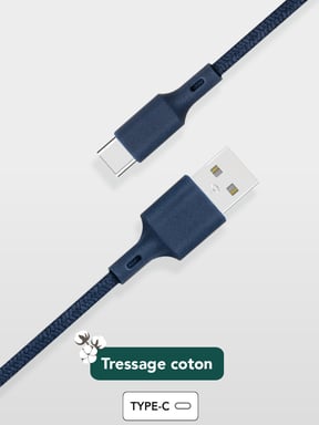 Câble Recyclable en coton USB A/USB C 2m Bleu Just Green