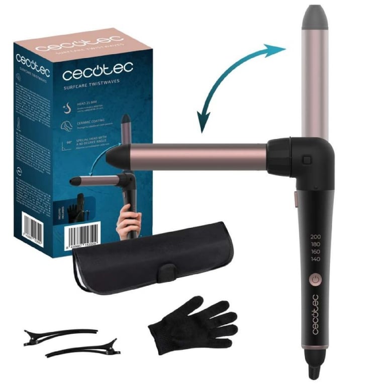 Cecotec Bigoudis manuels à câble SurfCare TwistWaves. Rizador de 25 mm avec un codo de 90 degrés guante thermique