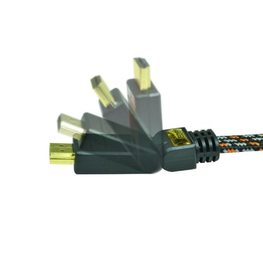 Cable HDMI 1.4 M/M, enchufe dorado de 2 metros, nylon trenzado, Ehternet 1 lado 90°c fijo, 1 lado inclinable vendido como puente