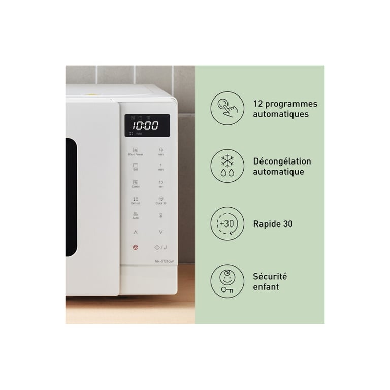 Panasonic NN GT21QWEPG Micro ondes grill 20 avec plateau tournant et grille grill écran LED décongélation automatique 12 programmes automatiques minuterie - vue 9