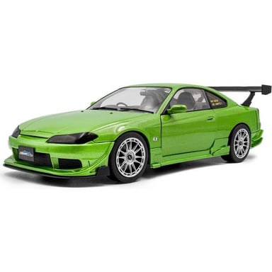 Coche en miniatura SOLIDO Nissan Silvia 1999 1:18 - acabado metálico verde, alerón, llantas multirradio