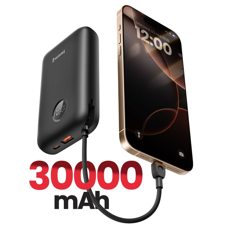 Batterie Externe 30000mAh Câbles USB C et Lightning intégrés Écran LED Neuf - vue 2
