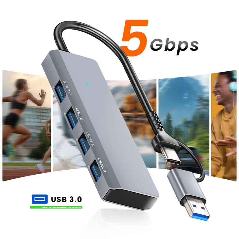 Hub USB USB?C 4?en?1 Avec 4 Ports USB 3.0 Transfert de Données Rapide Gris - Neuf