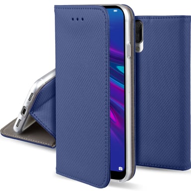 Moozy Case Flip Cover pour Huawei Y6 2019, Bleu foncé - Étui à rabat magnétique intelligent avec porte-carte et support