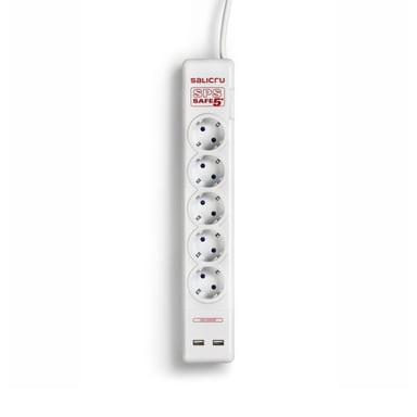 Salicru SPS SAFE 5+, Presa parafulmine - 5 prese + 2 prese caricabatterie USB - Protezione contro le sovratensioni (306 J, 5 uscite CA, Tipo F, 250 V, 50 Hz, 10 A)