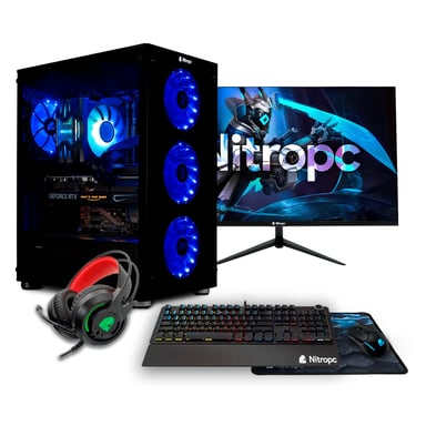PC completo per videogiocatori Nitropc Pack Gold v2 - AMD Ryzen 5 5600X, RX 6600 8GB, RAM 16GB, M.2 1TB, Win11, WiFi - Schermo 24'' FullHD e accessori