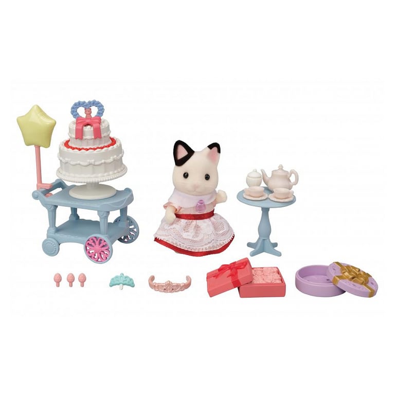 Fête d'anniversaire de la fille chat bicolore avec accessoires Sylvanian Families