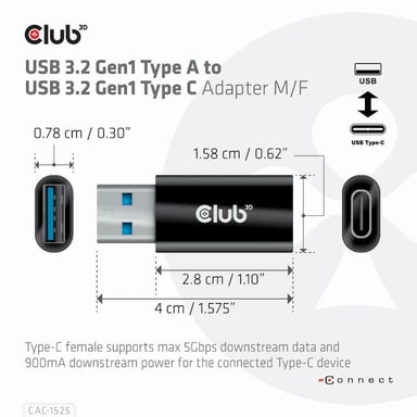 CLUB3D CAC-1525 cambiador de género para cable USB A USB TYPE C Negro