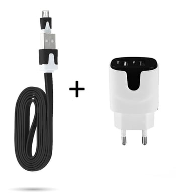 Pack Chargeur pour Manette Playstation 4 PS4 Smartphone Micro USB (Cable Noodle 1m Chargeur + Double Prise Secteur Couleur USB)  (NOIR)