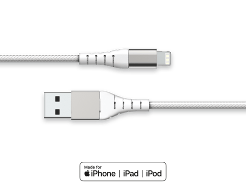 Câble Renforcé USB A/Lightning 1,2m 2.4A Garanti à vie Blanc Force Power Lite