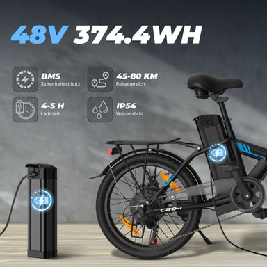 Vélo électrique pliable VARUN C20-1 pour adulte avec moteur 250 W et batterie amovible 48 V 13 Ah