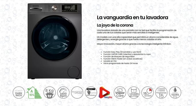 Lavadora Carga Frontal Infiniton WM-S84ADX, 8 kg, 1400 rpm, A, Vapor Care, Inverter, Dark Inox