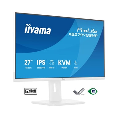 Écran PC iiyama ProLite XB2797QSNP-W1 27 IPS Quad HD 2560x1440 Blanc, USB-C Hub 96W, HDMI/DP, haut-parleurs, KVM, 75 Hz