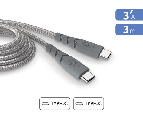 Câble Ultra-renforcé USB C/USB C 3m 3A Garanti à vie Gris - 100% Plastique recyclé Force Power