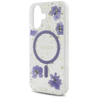 Étui Guess Resin Flowers Glitter MagSafe pour iPhone 16 violet