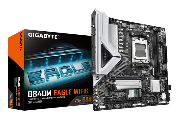 GIGABYTE B840M EAGLE WIFI6 Carte Mère – Processeurs AMD Ryzen 9000, 5+2+2 phases VRM, jusqu'à 7600 MHz DDR5 (O.C.), 1 x M.2 PCIe 4.0 + 1 x M.2 PCIe 3.0, Wi-Fi 6, LAN 2.5 GbE, USB 3.2 Gen 1
