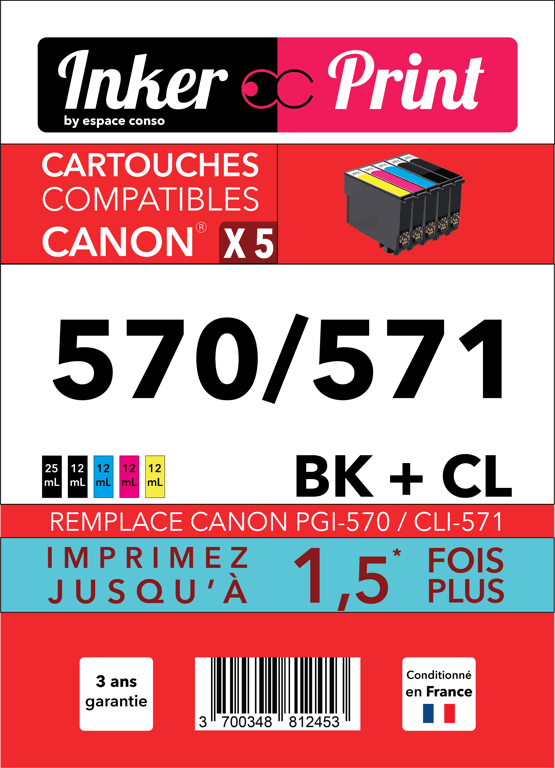 Pack de Cartouches d'encre recyclées compatibles avec CANON 570 / 571 XL (Noir et Couleurs)