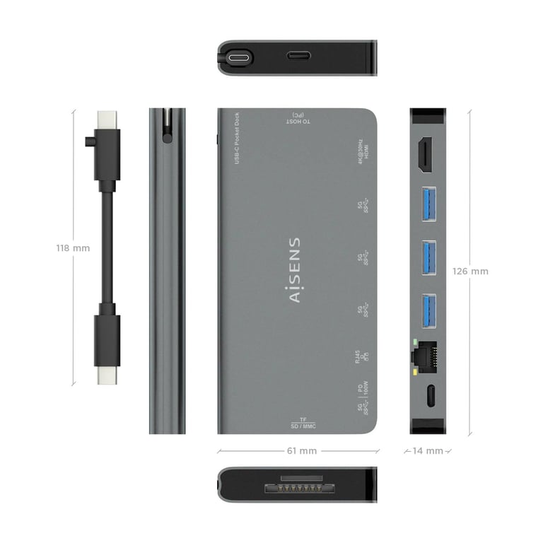 AISENS ASUC-8P015-GR station d'accueil Avec fil USB 3.2 Gen 1 (3.1 Gen 1) Type-C Gris - Neuf