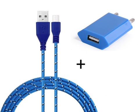 Pack Chargeur pour Manette Playstation 4 PS4 Smartphone Micro USB (Cable Tresse 3m Chargeur + Prise Secteur USB) Murale Android  (BLEU)