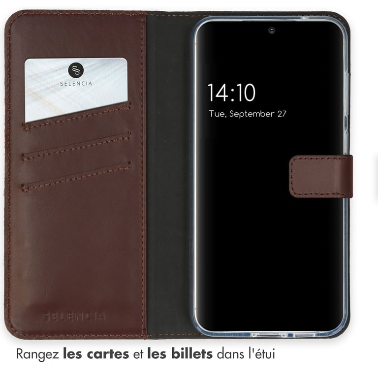 Selencia Étui portefeuille en cuir véritable pour Samsung Galaxy S23 FE - Marron - Neuf