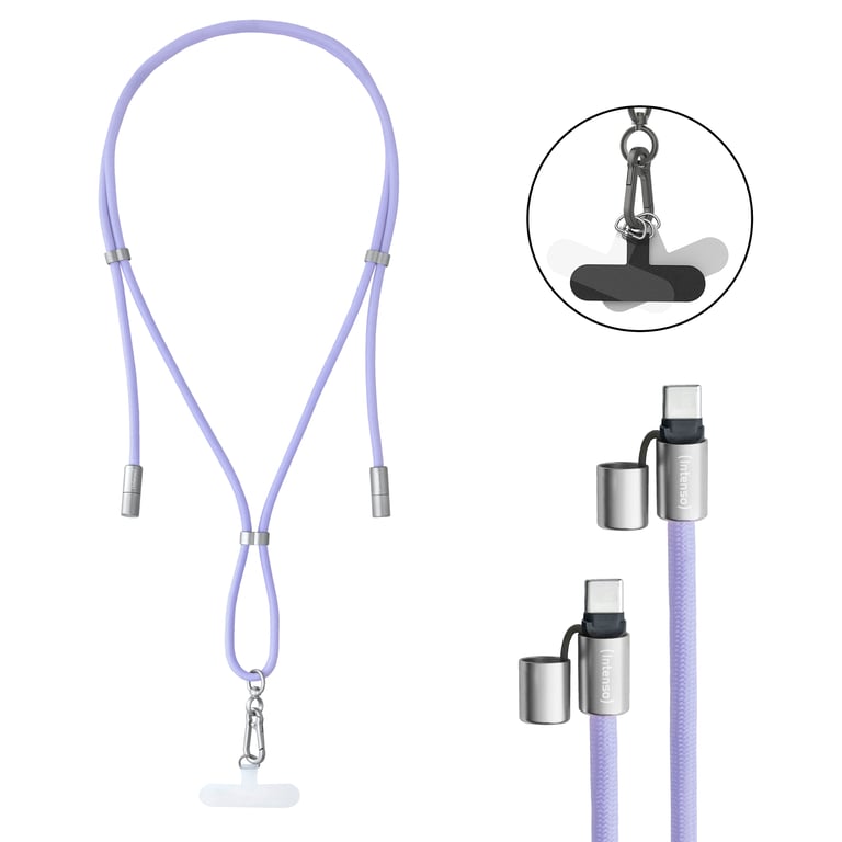 Intenso Lanière de Charge USB-C – Collier Câble pour Smartphone, Charge Rapide 60W, Longueur Réglable, 1,65 m Nylon, lila - Neuf