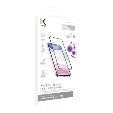 Pellicola protettiva antibatterica in vetro temperato ultraresistente (100% di copertura della superficie) per Apple iPhone 13/13 Pro, nero